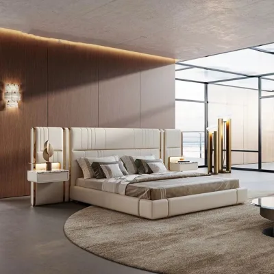 Modern and Simple Nordic Small Unit Double Bed Luxury Light Leather Bed Bedroom Set Furniture