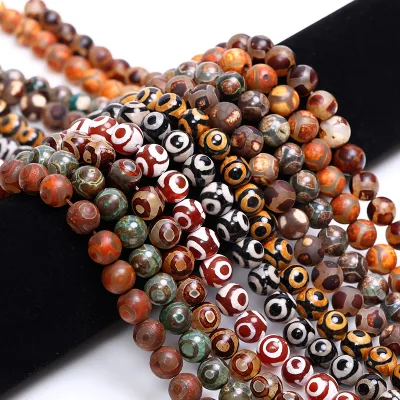 8mm 10mm Natural Amulet Vintage Tibetan Dzi Agate Three Eyes Round Beads Buddhist Prayer Mala Beads for DIY Jewelry Making