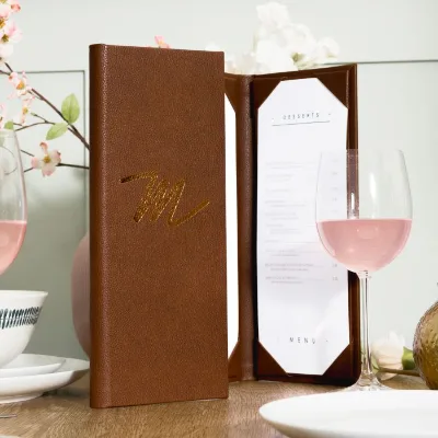High Quality Gatefold Style Restaurant Menu Card Holder Customized PU Leather Menu Holder Hotel Table Menu Holder