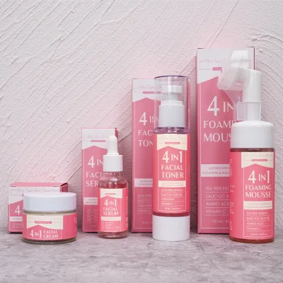 LOGO Vegan Skin Care Set 4 in 1 Face Mousse Toner Serum Cream Hydrating Moisturizing Face Care Set