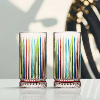 IWIN American Style Lead Free Crystal Hand Painted Colored 460ml Highball Glasses Wine Cocktail Creative Bar Stripes Carved
