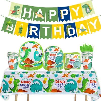 Green Dinosaur Birthday Party Theme Decoration for Children's Banner Flag Hanging Balloon Set Supplies