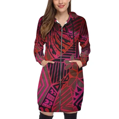 New Women Casual Streetwear Hoodie Dress Red Pink Polynesian Tribal Plumeria Pattern Long Hooded Sweat Tunic Dress With Pockets