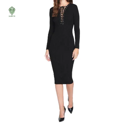 Wholesale Custom Bodycon Slim Winter Dresses for Ladies a-line Tie Up Rib Knit Midi Dress Polyester Women'S Sweater Dress