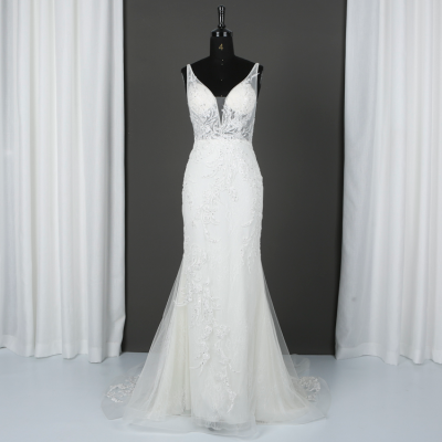Customized Lace Women Tulle Embroidery Beading Bridal Gowns White Bridal Dresses Mermaid Wedding Dress with Court Train