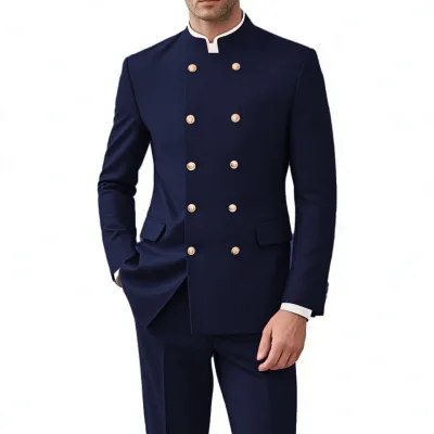 AliExpress Foreign Trade Men's Suit Set Elegant High-end Style Zhongshan Suit Single Breasted Beaded Polyester Banquet Party