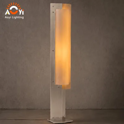 Minimalist Vertical Double Layer Frosted Amber Shade Floor Lamp Brushed Silver Metal Frame Linear Standing Light