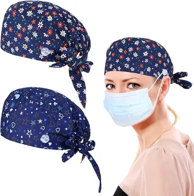 Nurse Caps for Women Nursing Working Caps with Button and Sweatband Adjustable Elastic Scrub Hats for Dentist