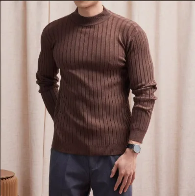 Trendy Men's Textured Knit Sweater Mock Neck Stretch Striped Pullover American Casual Style Fall Winter Layering Top Small MOQ