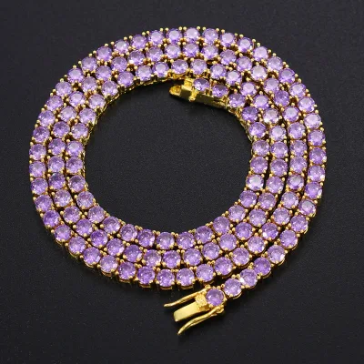 Wholesale 4mm Hip Hop Tennis Necklace Gold Plated Single Row Purple CZ Tennis Chain Bracelet Fashion Men's Hip Hop Necklace
