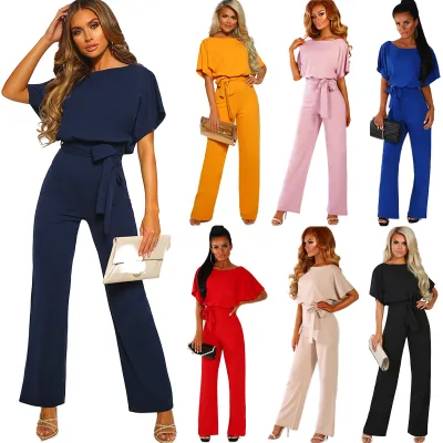 Casual Summer Commuter Jumpsuit with Button Strap Short Sleeve Light Mature Straight Leg High Waist Pleated Zipper Decoration