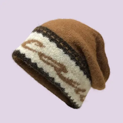 American-style Vintage Wool Blend Jacquard Beanie Winter Laid-back Knit Warm for Large Head Sizes Ear-flap Cold-weather Hat