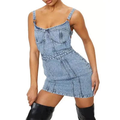 New Fashion Custom Wholesale Blue Wash Strap Corset Cut Out Sexy Backless Dresses Sleeveless Mini Denim Dress for Women