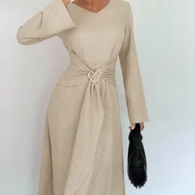 YKD137 Advanced Pleated Adjustment Belt Design Traditional Muslim Fashion Design Casual Look Muslim Dress Wome Islamic