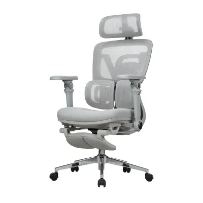 Modern Office Adjustable Gray High-Back Mesh Swivel Boss Chair 4d Headrest 6d Armrests Padded Footrest Foldable Hospital/Home