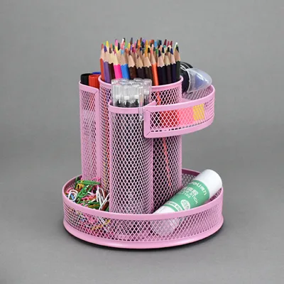 Home Office Desk Organizer Pen Holder Cup Metal Mesh and round Pencil Pot Vase Rotating Tissue Storage for a Stylish Workspace