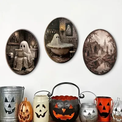 New Wooden Halloween Oval Wall Decoration Customizable Art Wall Ornament Cute Ghost Home Decor Wooden Hanging Pendent