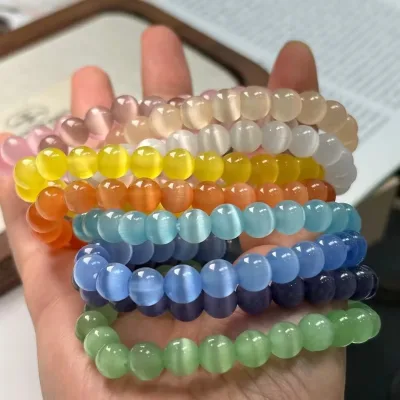 Customized Unisex Trendy Single Circle Elastic Bracelet with Natural Cat's Eye Stone Gemstone Moonlight Bracelet for Gift