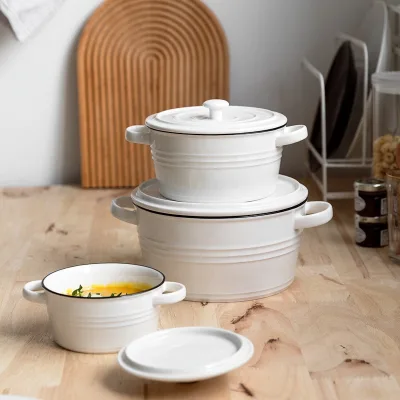 Nordic Style Simple Ceramic Two-ear Bowl Salad Pot Fruit Noodle Soup Bowl Dessert Breakfast Oatmeal Ceramic Bowl with Lid