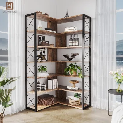 Modern Dark Wood Corner Bookcase Multi-Layer Storage Design With Metal Frame Suitable for Home Decoration