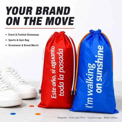 Custom Full Print Logo Nylon Polyester Large Drawstring Bag Shoe Clothes Travel Packaging Dust Bag