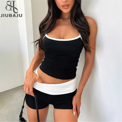 Casual Contrast Women 2Piece Set Summer Sporty Concise Low Neck Crop Camis+Elastic Waist Slim Shorts Matching Suit