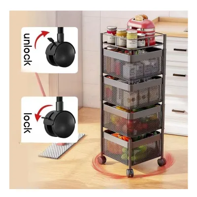 Kitchen Rotating Vegetable Storage Rack Multi-functional Metal Rolling Cart