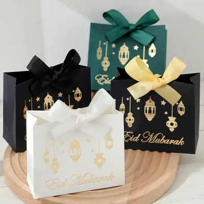 Iftar/Suhur Gatherings Festive Favor Bags Ramadan Satin Bows Gold Lantern Printed Paper Bags Ramadan Eid Mubarak Gift Bags