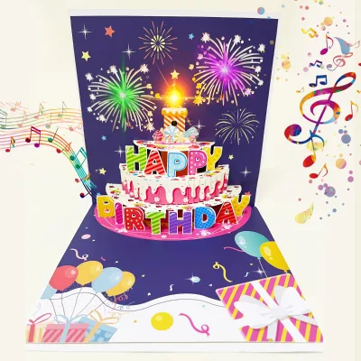2024 Custom Candle Blowing Birthday Cake 3D Pop up Card for Birthday Best Choice Happy Birthday Card With Led Light and Music