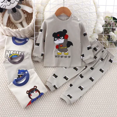 Children's Soft Cotton Pajamas Set for Boys & Girls Autumn Moisture-Wicking Long Sleeve Pants Animal Print