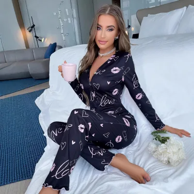 New Fashion Sexy Adult Pajamas for Women Pyjamas One-Piece Heart Printed Valentines Day Onesie Sleepwear