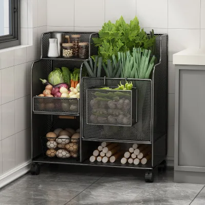 Kitchen Home Floor-standing Movable Metal Multi-tier Vegetable Storage Rack for Scallions Ginger Garlic Fruits Vegetables