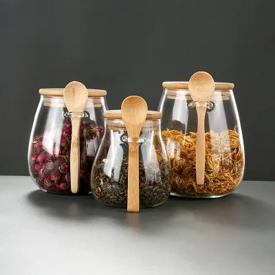 Household Glass Air-Tight Sealed Jar Wooden Lid Spoon Modern Minimalist Design for Food Storage Dry Goods Flower Tea Seasoning