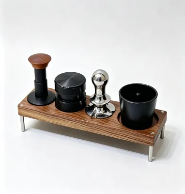 Classic Solid Wood All-in-One Coffee Barista Knock Box Tamper Base Spout Portafilter 58mm Bottomless Design Walnut