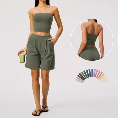 High-Waist Pleated Shorts & Strapless Tube Top Set - Slimming 2 Piece Activewear Lounge Outfit for Daily and Sport Wear