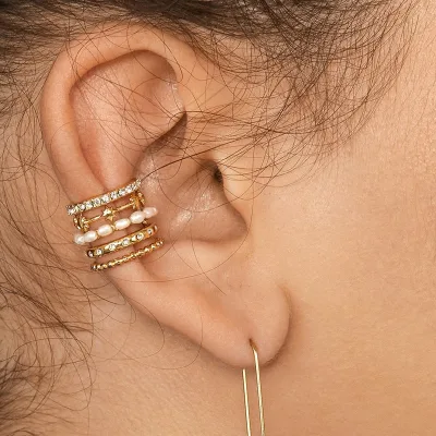 Designer Vintage Fashion Unisex Trendy Gold Plated Pearl Clip-on Non-Piercing Ear Cuffs Earrings
