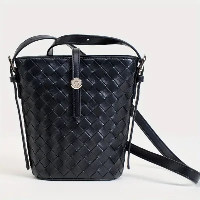 Elegant Genuine Leather Crossbody Bag Checkered With Adjustable Strap Zipper Closure Woven Leather Bag