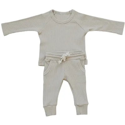 Winter Newborn Baby Boy Girl Clothes Set Infant Unisex Solid Cotton Ribbed Pocket Set Pants Set Outfits 2PCS