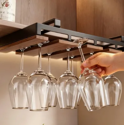 Vintage Walnut Wood Single-Tier Inverted Rack Modern Red Wine Glass Storage Shelf for Home Light Luxury High-End Hanging Design