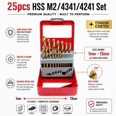 High Speed Steel HSS M2 4341 4241 Titanium 25pcs Set HSS Drill Bits Set for Metal Stainless Steel Drilling