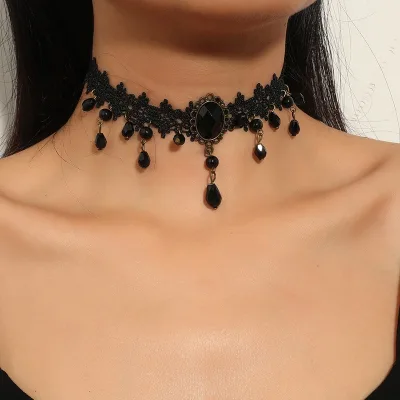 Hot Sale Retro Lace Collar Choker Necklace Womanhood Fashion Black Lace Tassel Necklace for Women's Halloween Jewelry Wholesale