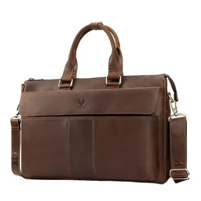 Genuine Leather Customized Vintage Business Briefcase for Laptop Luxury Natural Durable Cowhide Crossbody Handbag Travel Bags