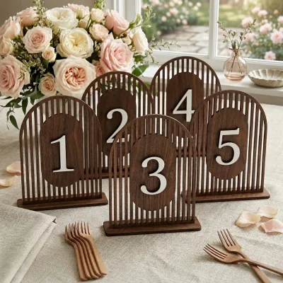 Arched Wooden Silk Screen Printed Hollowed-Out Wedding Table Numbers Stand Modern Minimalist Style Table Signs for Wedding