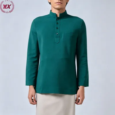 Forest Green Stand Collar Men's Half Button Placket Chest Pocket Long Sleeve Muslim Raya Prayer Daily Modest Top