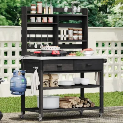Black Solid Wood Eco-Friendly Multi-Function Outdoor Potting Station Lockable Wheels Stainless Steel Countertop Upper Hutch
