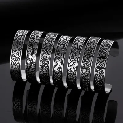 Custom Viking Nordic Celtic Knot Rune Amulet Bangle Vintage Stainless Steel Men Punk Open Cuff Chunky Bangle Bracelet
