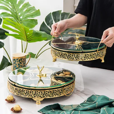 Creative Design Luxury Living Room Household Ceramic Fruit Snack Plate with Glass Cover, Porcelain Tray