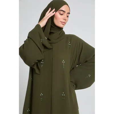 Khaki Chiffon Open Abaya with Dainty Floral Embellishments Casual Style Natural Waistline Breathable Anti-Static Sustainable