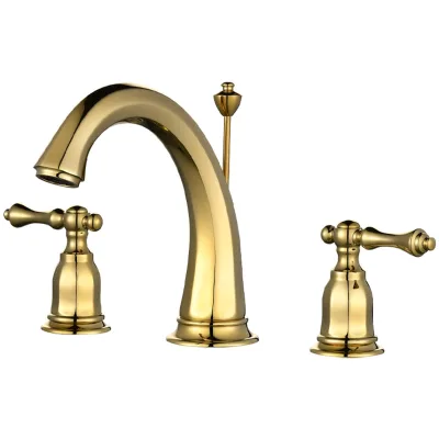 Zircon Gold Widespread Bathroom Faucet Three Hole High Arc Spout Cross Handle Deck Mount Vintage Lavatory Tap