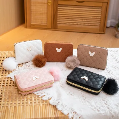 New Arrival Embroidered Quilted Butterfly Decorative Fur Ball Hand Small Bag Zipper Fashion Casual Multi-Card Slot Coin Clutch